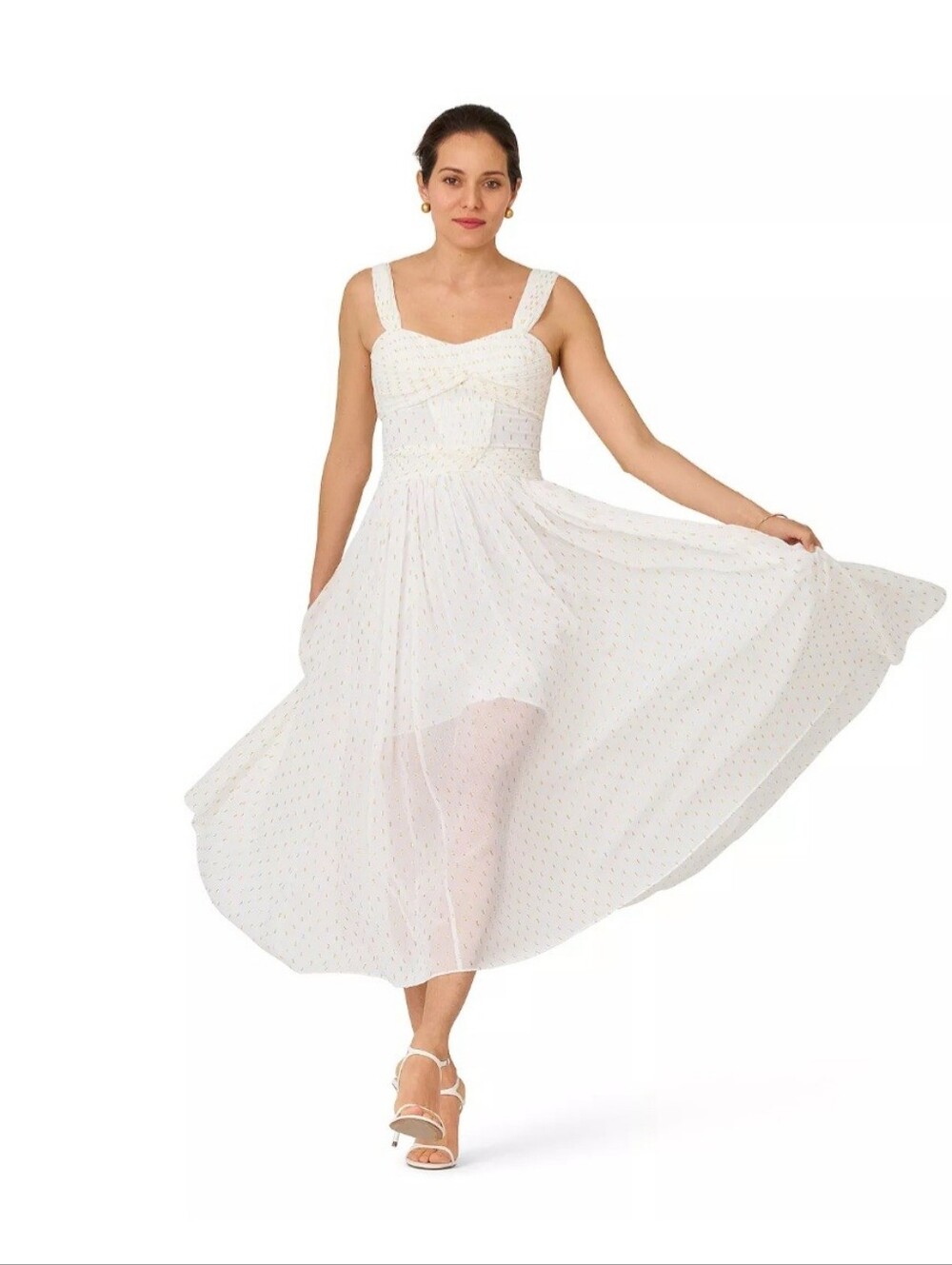 J. MENDEL Paris White Sleeveless Midi Dress with Subtle Dot Texture